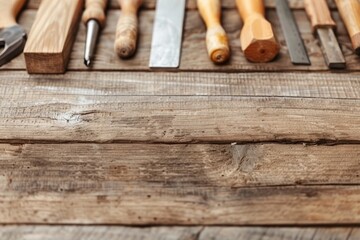 rustic wooden workbench with assorted tools and copy space for diy, craft, and woodworking projects