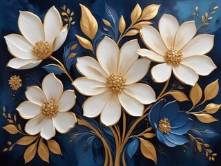 Obraz premium Gold, blue and white floral composition in oil painting style, abstract flowers painting with textured brushstrokes, rich in color and details 