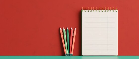 blank notebook with colored pencils on red and teal background - minimalist office supplies stationery design concept.