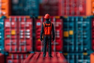 Naklejka premium a miniature figure of a worker wearing a hard hat and safety vest standing on a shipping container against a background of numerous shipping containers.