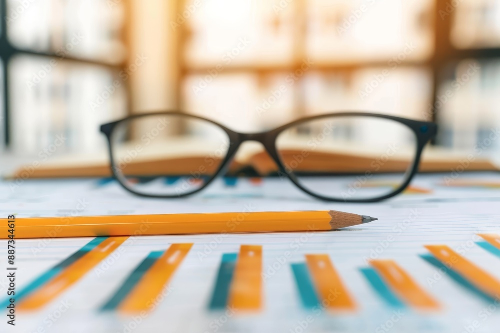 Poster close-up of a yellow pencil lying on a business graph with glasses and open notebook in background -