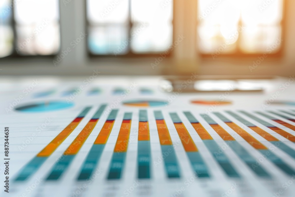 Poster close-up view of financial charts and graphs on a desk with a blurred window and sunlight in the bac