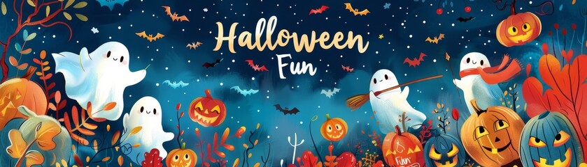 Happy Halloween illustration with ghosts pumpkins and bats in a fun night scene with text "Halloween Fun"