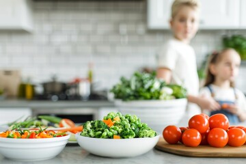 Naklejka premium fresh vegetables preparation for healthy meal in modern kitchen with kids in blurred background.