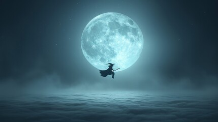 Halloween night with witch flying on broomstick in front of big full moon over foggy landscape