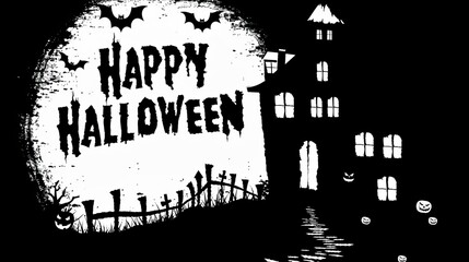 Fototapeta premium Happy Halloween greeting with haunted house bats and pumpkins in a monochrome spooky design