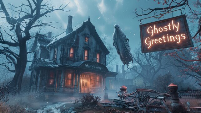 Spooky Halloween house with ghost and glowing sign saying ghostly greetings in eerie atmosphere