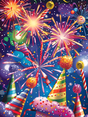 2D illustrated New Year card in a cute graphic style