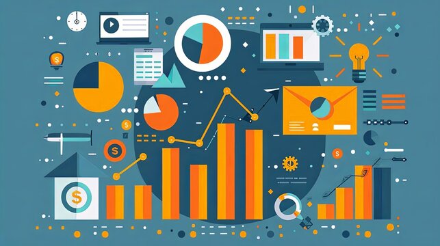 Commerce strategy, market analysis, economic insights, flat design illustration