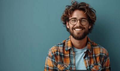 Fototapeta premium Smiling man with glasses holding tablet on blue background - concept for technology business and online shopping