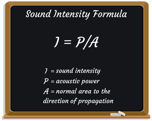 Sound intensity Formula on a black chalkboard. Education. Science. Formula. Vector illustration.