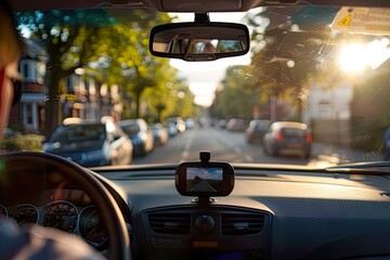 Car Interior with Dash Cam and Driver on Suburban Street