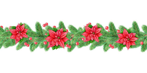 Christmas and New Year seamless border from painted fir tree branches and holly berries, poinsettia element for festive design isolated on white background vintage style illustration