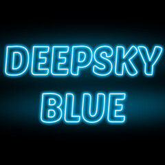 Neon deep sky blue colour and text isolated on black background. Illustration text, Neon inscription with backlight in Bold style, Isolated glowing title for decoration.