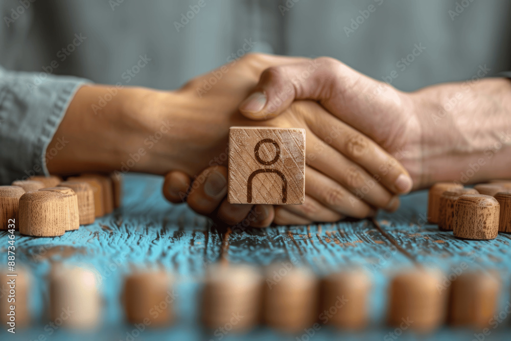 Poster top view of handshake on wooden cube block representing business connection and agreement on light b