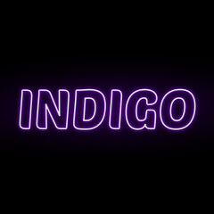 Neon indigo colour and text isolated on black background. Illustration text, Neon inscription with backlight in Bold style, Isolated glowing title for decoration.