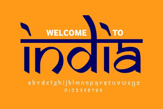 India style Latin font design, Devanagari inspired alphabet, letters and numbers, illustration, welcome to india with alphabets and numbers