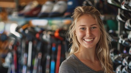 Beautiful young woman smiles happily with golf equipment