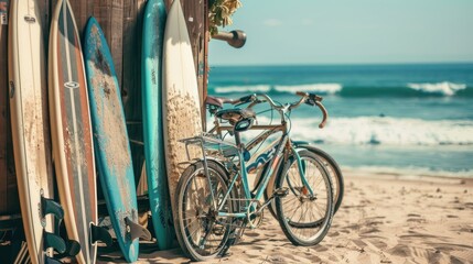 Parked bicycles and vintage surfboards on the seaside beach.