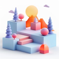 Abstract Futuristic 3D Render Minimalistic Style with Floating Geometric Shapes Isometric Design, Light Color Theme, Bright Background, and Soft Lighting
