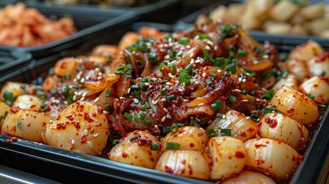 A delicious and easy-to-make dish of scallops, onions, and a spicy sauce. 