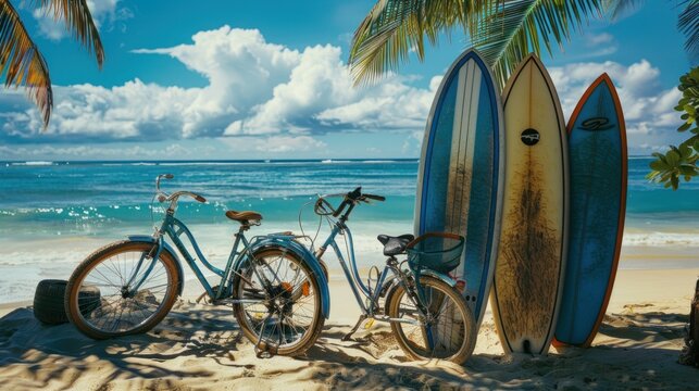 Parked bicycles and vintage surfboards on the seaside beach.