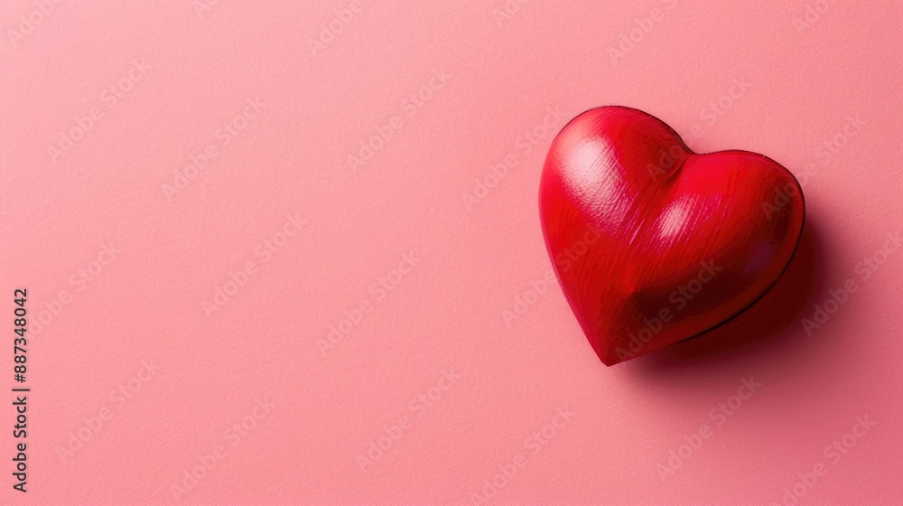 Poster valentine card with red heart from above on pink background with space for text