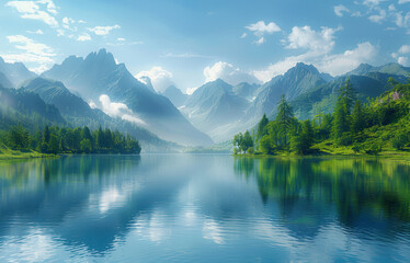 The image shows a beautiful mountain lake in the summer. The water is calm and clear, reflecting the sky and the mountains.