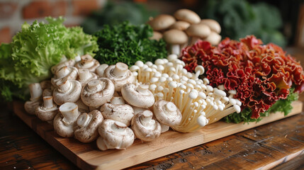 Fototapeta premium a variety of mushrooms on a wooden cutting board. 
