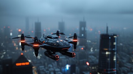 A futuristic city skyline with sleek skyscrapers and flying cars