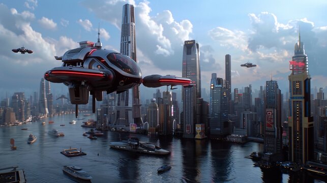 A futuristic city skyline with sleek skyscrapers and flying cars