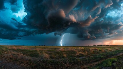Fototapeta premium A dramatic thunderstorm with lightning striking over a rural landscape