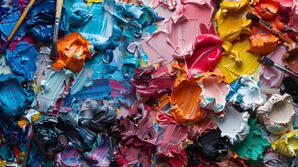 A close-up of a painter's palette with various colors of paint