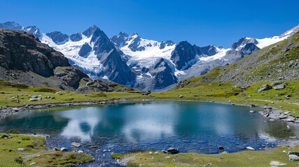 A serene lake surrounded by snow-capped mountains under a clear sky