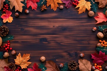A wooden frame background with a border of autumn leaves