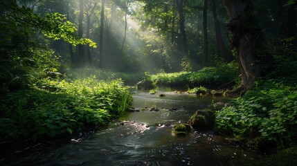 Obraz premium A tranquil forest stream with sunlight filtering through lush green trees