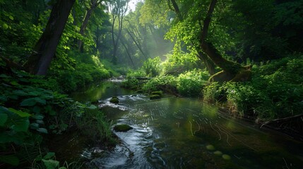  A tranquil forest stream with sunlight filtering through lush green trees