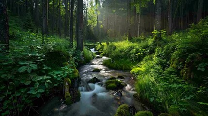Obraz premium A tranquil forest stream with sunlight filtering through lush green trees
