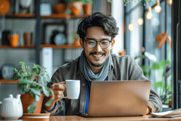 Young Asian Man at Home Office Smiling While Working on Laptop with Coffee