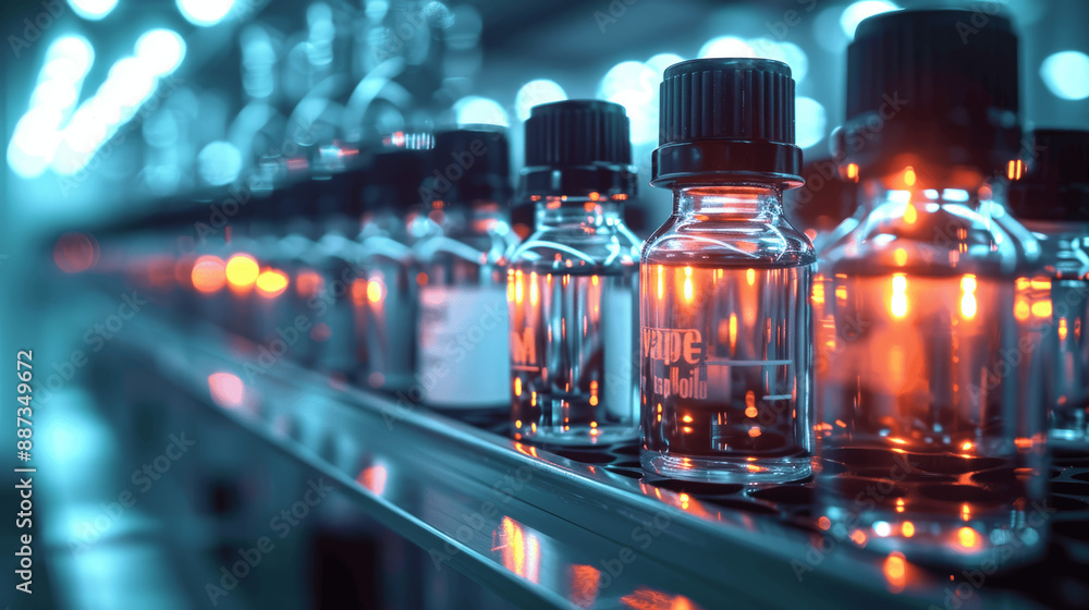 Poster glass vials with liquid on shelf in lab illuminated by bright light laboratory equipment bokeh effec