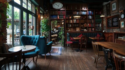 A cozy cafe interior with wooden furniture and shelves of books