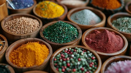  A close-up of colorful spices and herbs in small wooden bowls