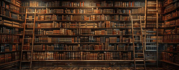 Ancient Library Wall with Vintage Leather Bound Books and Manuscripts in Warm Lighting