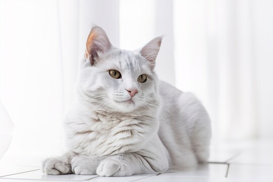 portrait of an adult silver cat on a white background