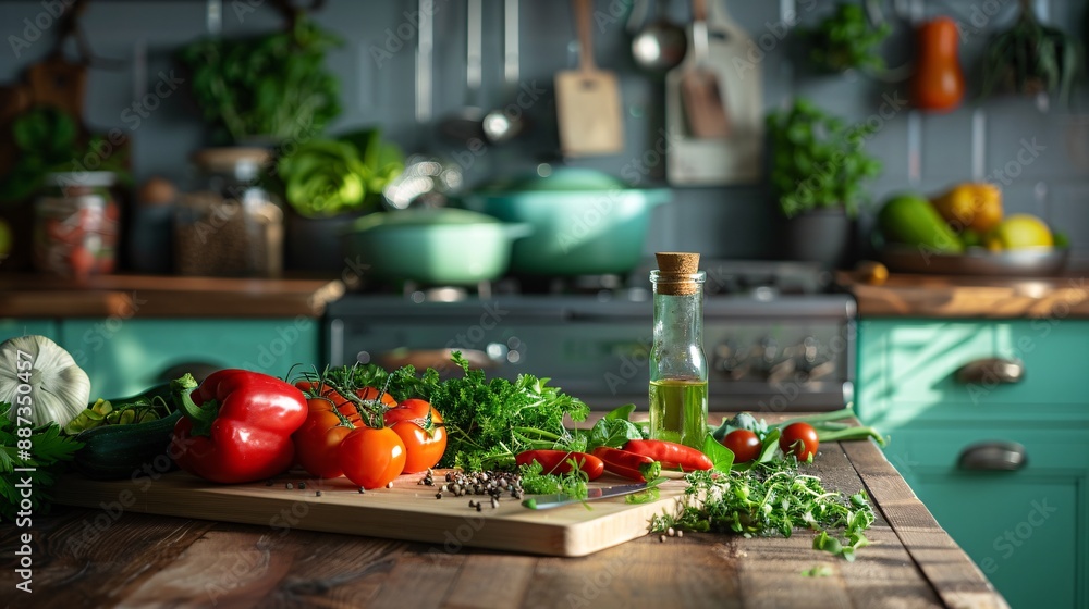 Wall mural A cozy kitchen with fresh vegetables and herbs on a wooden cutting board