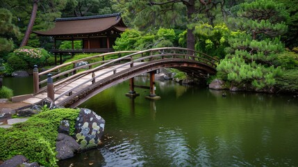 Fototapeta premium A traditional Japanese garden with a wooden bridge over a serene pond