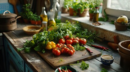 A cozy kitchen with fresh vegetables and herbs on a wooden cutting board - Powered by Adobe