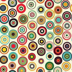 Retro Circles Seamless Tile Pattern: Vintage-Inspired Colorful Design with Bold Reds, Greens, Yellows, and Blues on Off-White Background