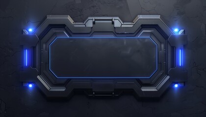 Futuristic spaceship metal hatch with blue glowing lights