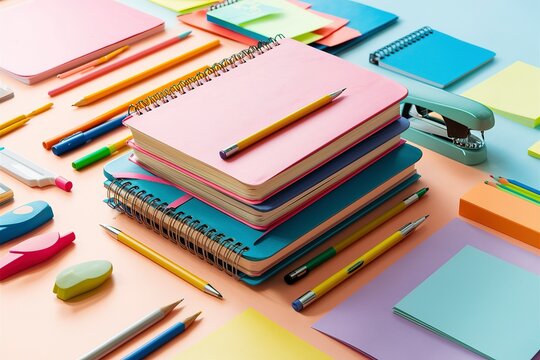 Desktop organizer with school stationary and office supplies over pastel background